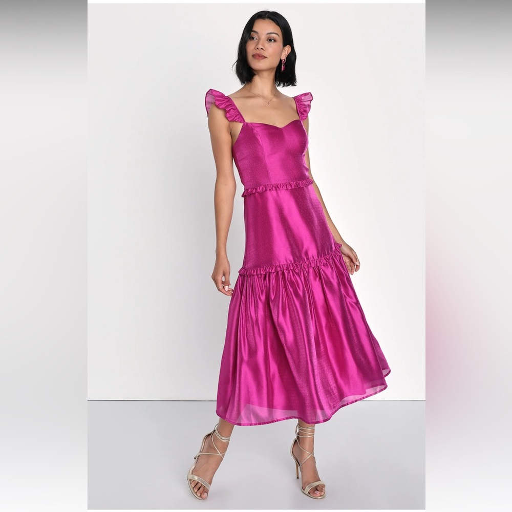 Lulus Women’s Pink Fuchsia Tiered Ruffled Midi Dress Sz S Wedding Guest Summer